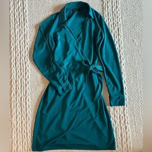 Long sleeve emerald green dress, cross over, tie side, size M